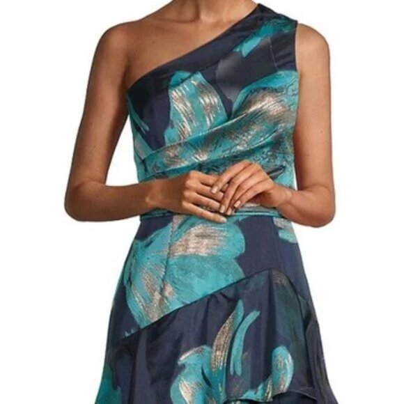NWT Aidan Mattox One Shoulder Tiered Ruffle Abstract Floral Print Dress size 10 - Picture 4 of 6